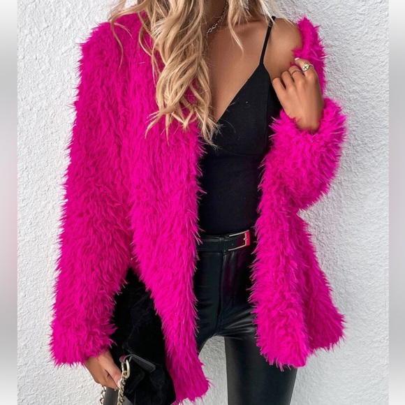 Cozy Faux Vegan Fur Open Front Jacket Coat Hot Pink - Picture 1 of 14